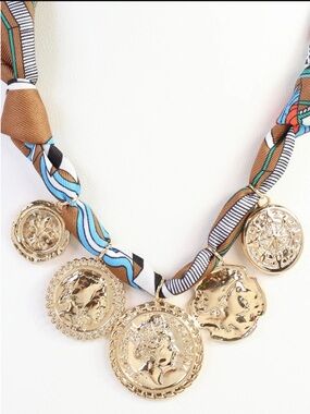 ShopEvelynne Gold Coin Necklace with Brown and Blue Fabric